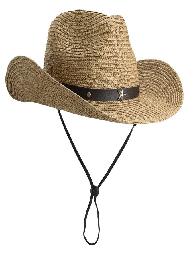 Vikodah Women Straw Sun Hat Wide Brim Western Cowboy Cowgirls Style UV-Protection Beach Hat with Wind Lanyard Khaki - Image 1